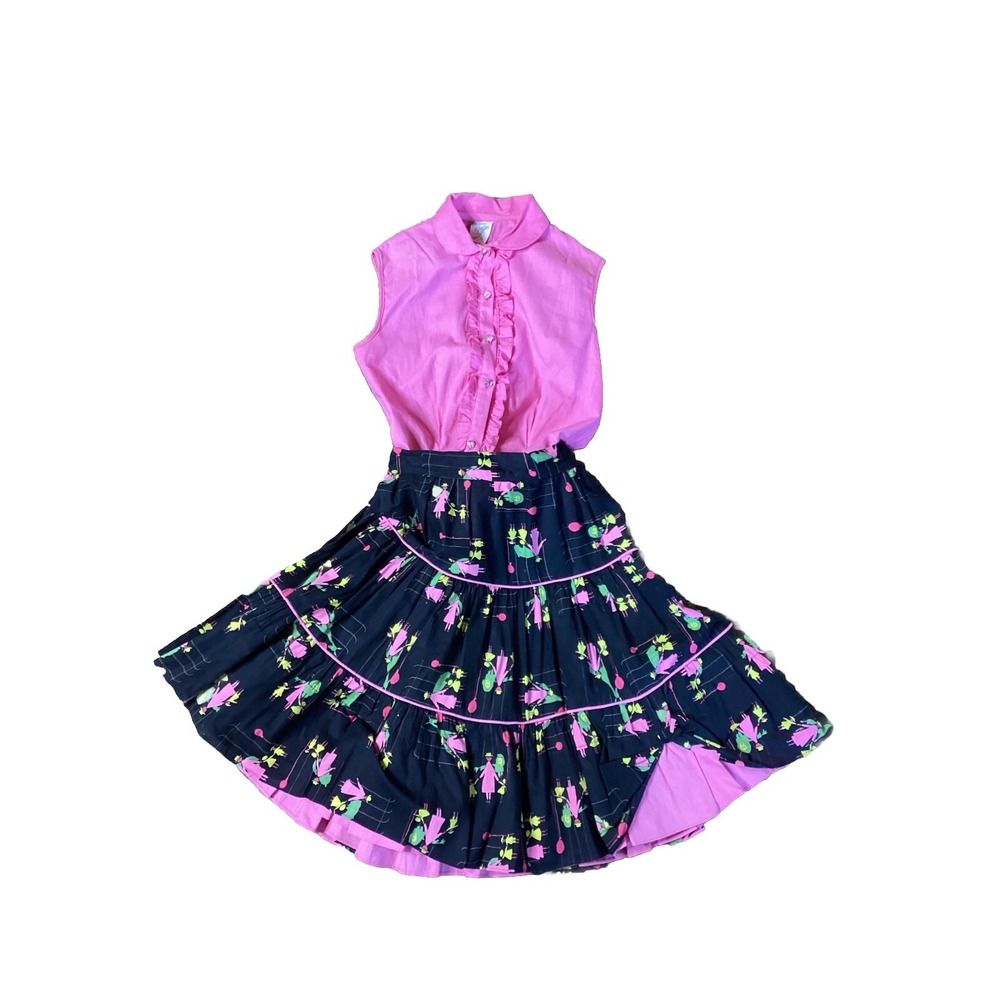 1950's Kitty Kollier Girls Swing Zoo Print Skirt And Ruffle Pink Top Set Sz 7